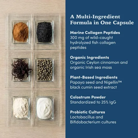 Gut Save ingredients: marine collagen peptides, Ceylon cinnamon, Irish sea moss, papaya seed, black cumin seed extract, colostrum and probiotic cultures